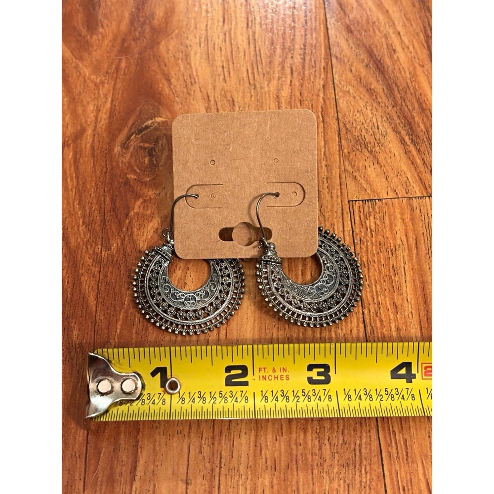 Silver Tone Textured Crescent Dangle Drop Hook Earrings, No Stone